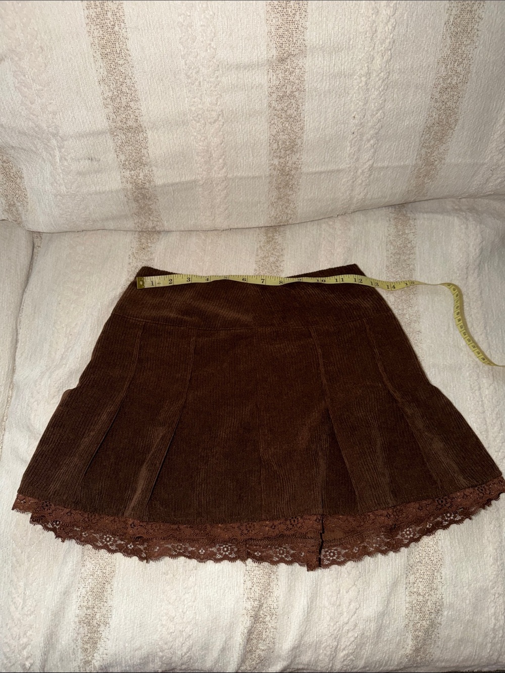 Brown Corduroy Mini Skirt with Lace Trim